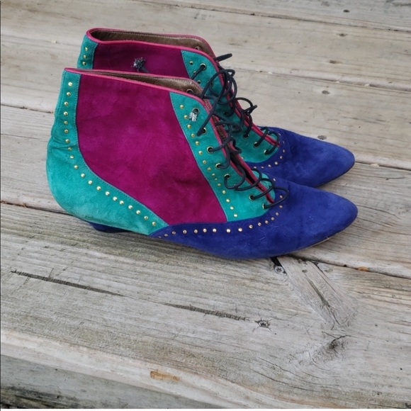 Multicolored Suede Color Block lace Ankle Booties - Picture 5 of 9